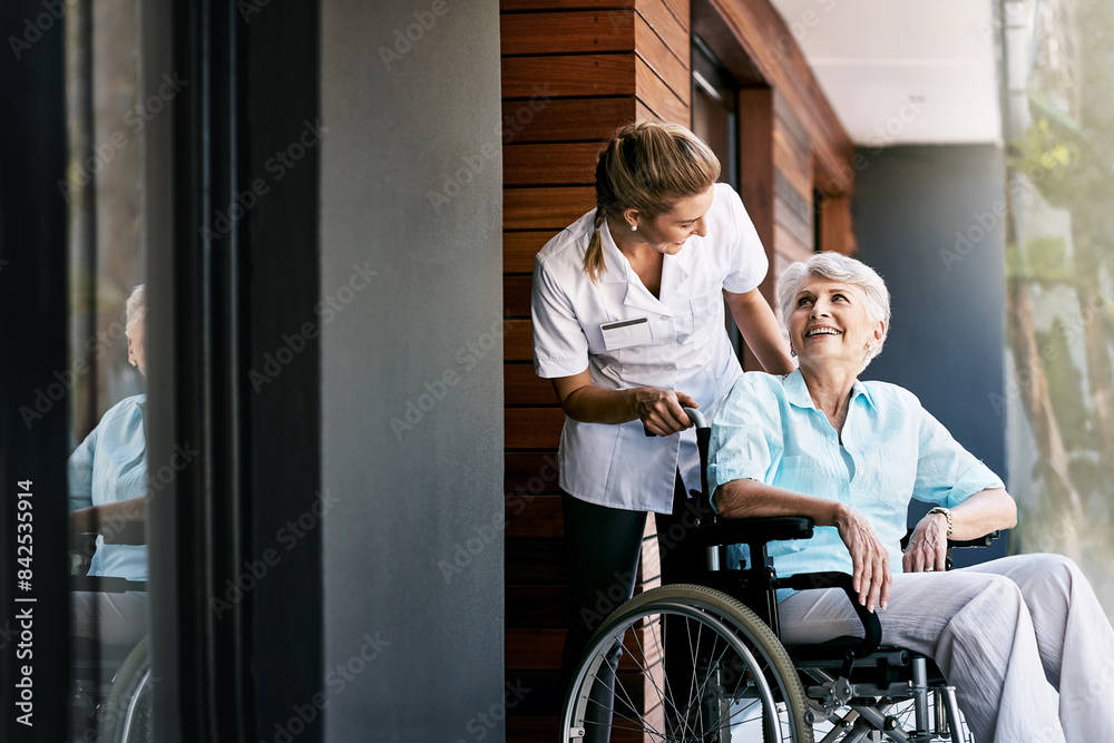 Nurse, talking and senior woman on wheelchair for support or rehabilitation of medical healthcare patient. Happy caregiver, retirement or person with disability at home for recovery, wellness or help Nurse, talking and senior woman on wheelchair for support or rehabilitation of medical healthcare patient. Happy caregiver, retirement or person with disability at home for recovery, wellness or help