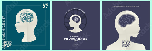 Collection National PTSD Awareness Day Templates. Paper head profile with post-traumatic stress disorder elements in brain. Not all wounds are visible. End the stigma of mental health. Minimal.
