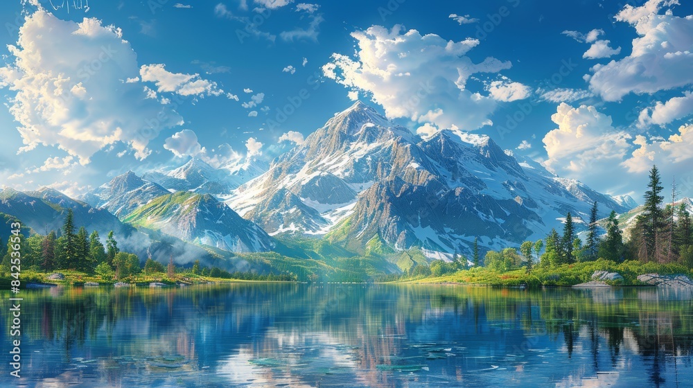Mountain Lake Reflection: A crystal-clear mountain lake reflecting the towering snow-capped peaks and a vibrant sky. Mountain Lake Reflection: A crystal-clear mountain lake reflecting the towering snow-capped peaks and a vibrant sky.
