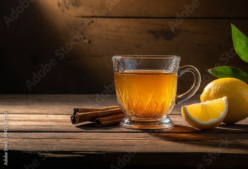 A glass cup of lemon tea with cinnamon sticks on a wooden table