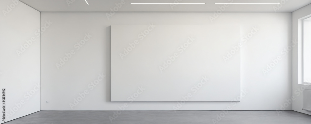 Empty white gallery room with large canvas during daytime Empty white gallery room with large canvas during daytime