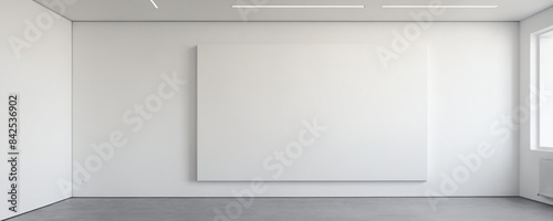 Empty white gallery room with large canvas during daytime
