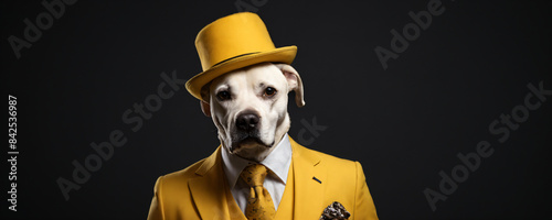 White dog wearing yellow suit and top hat against black background © Дмитрий Бабенко