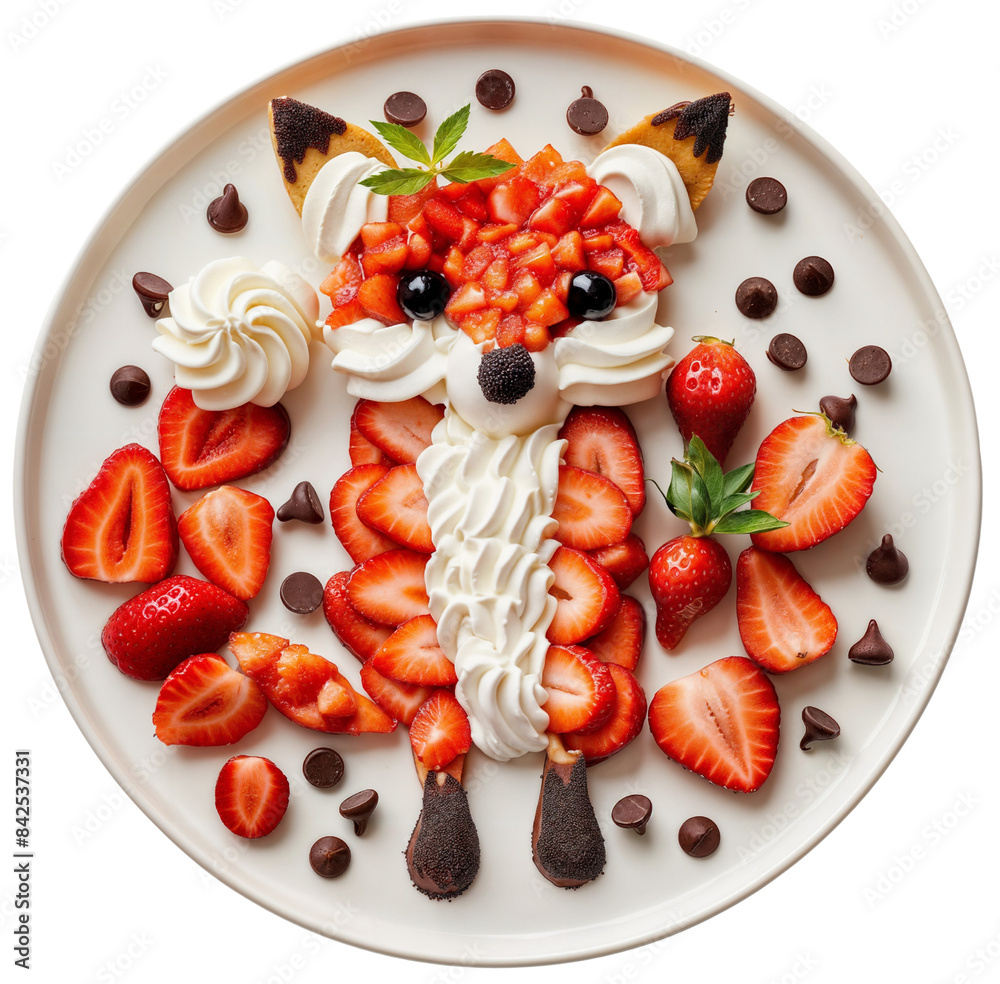 White plate with a fox made of red strawberries and whipped cream, decorated with chocolate, isolated on a transparent background White plate with a fox made of red strawberries and whipped cream, decorated with chocolate, isolated on a transparent background