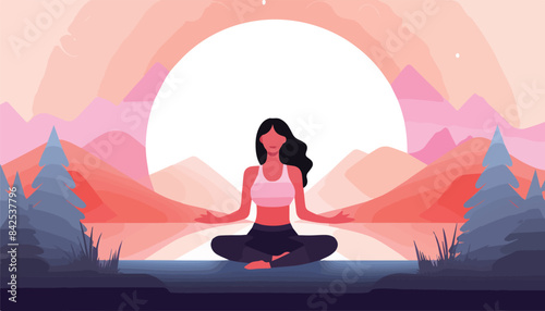 Young woman practicing yoga in lotus position. Vector illustration in flat style