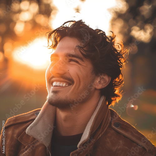 Attractive giggling Hispanic man looking away during sunrise 