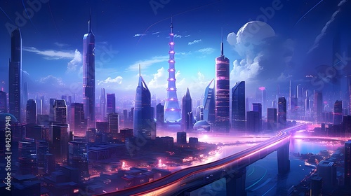 Futuristic city with high-rise buildings at night. 3d rendering