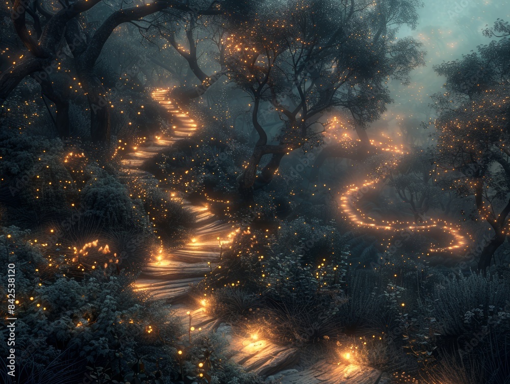 A dense, enchanted forest with a winding path, lit by soft, magical lights. A dense, enchanted forest with a winding path, lit by soft, magical lights.