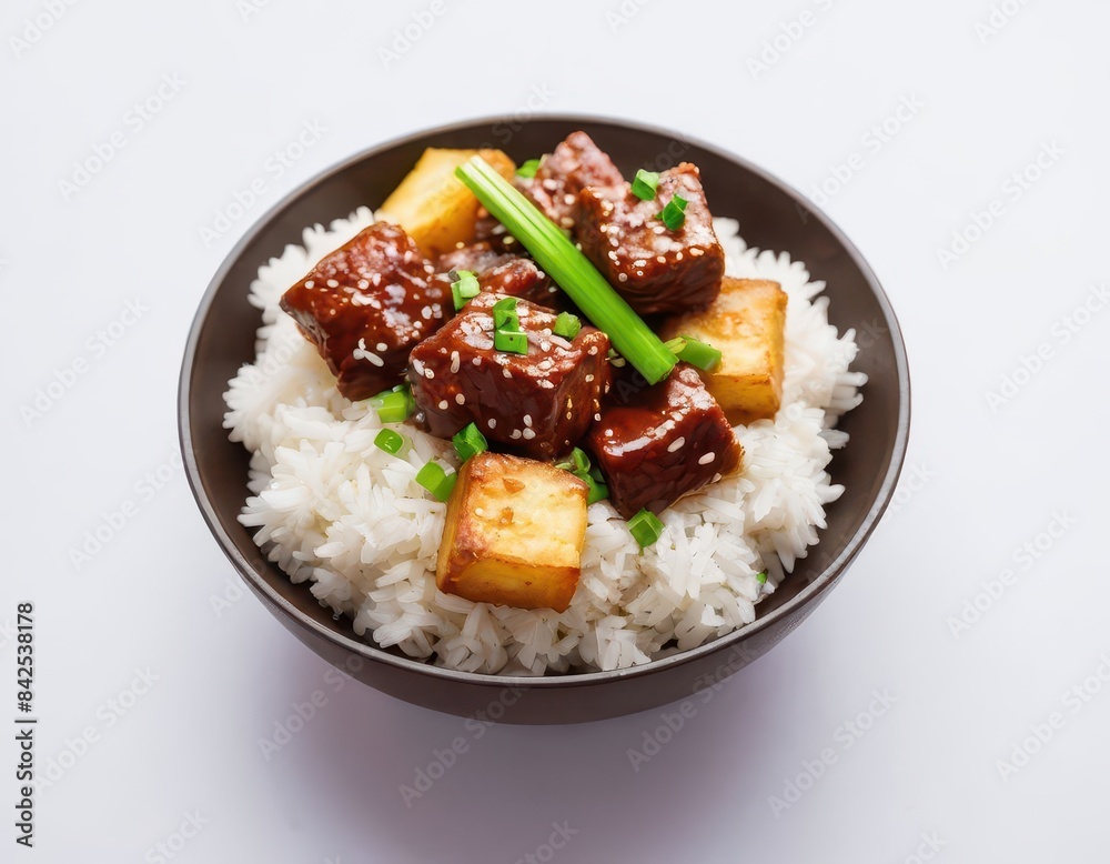 a bowl filled with rice and meat on top of a table a bowl filled with rice and meat on top of a table