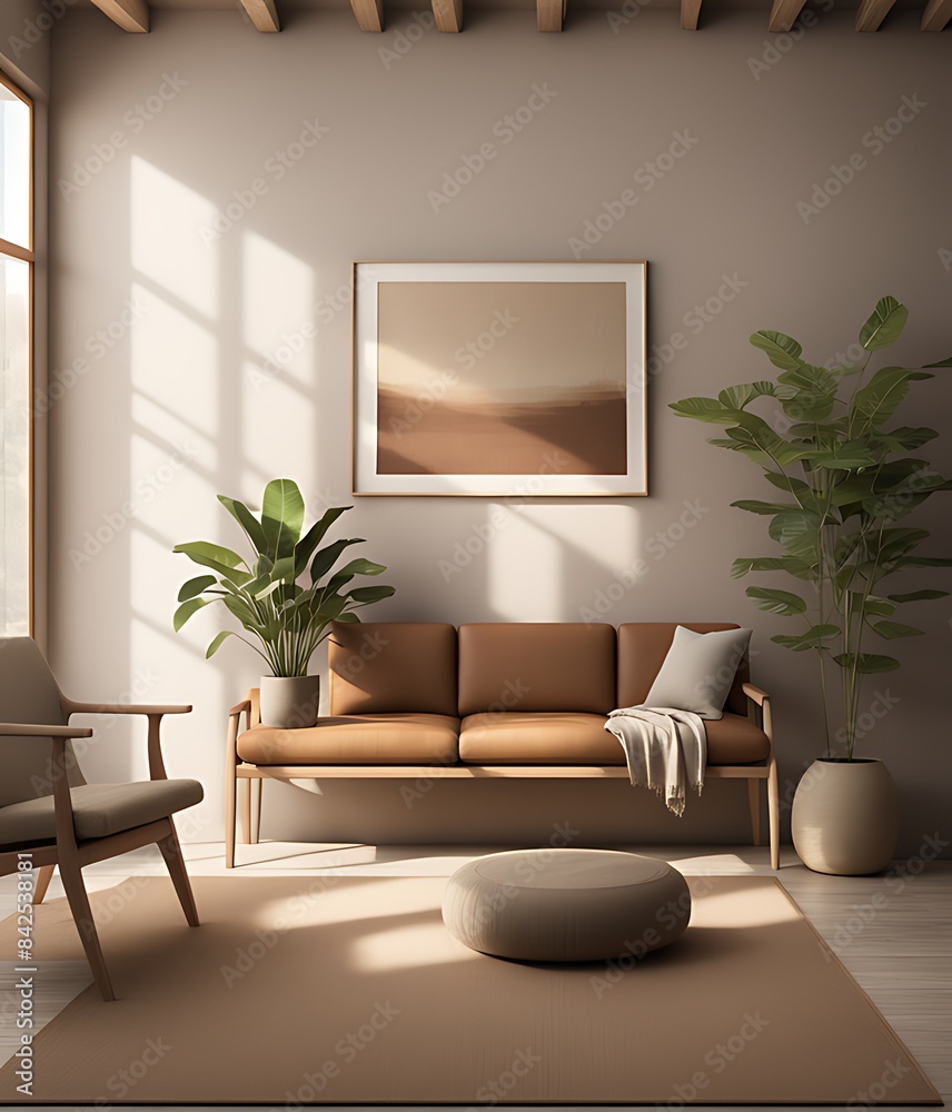 Fototapeta premium Mockup frame in minimalist nomadic interior background, 3d render