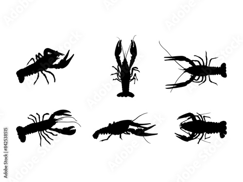 Set of Crawfish Silhouette in various poses isolated on white background