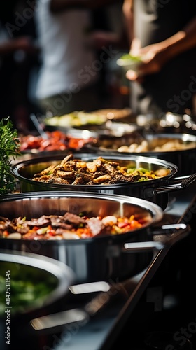 Catering a group of people at a resort  on a cruise  a wedding buffet. Buffet food indoor in the restaurant meat colorful fruits and vegetables