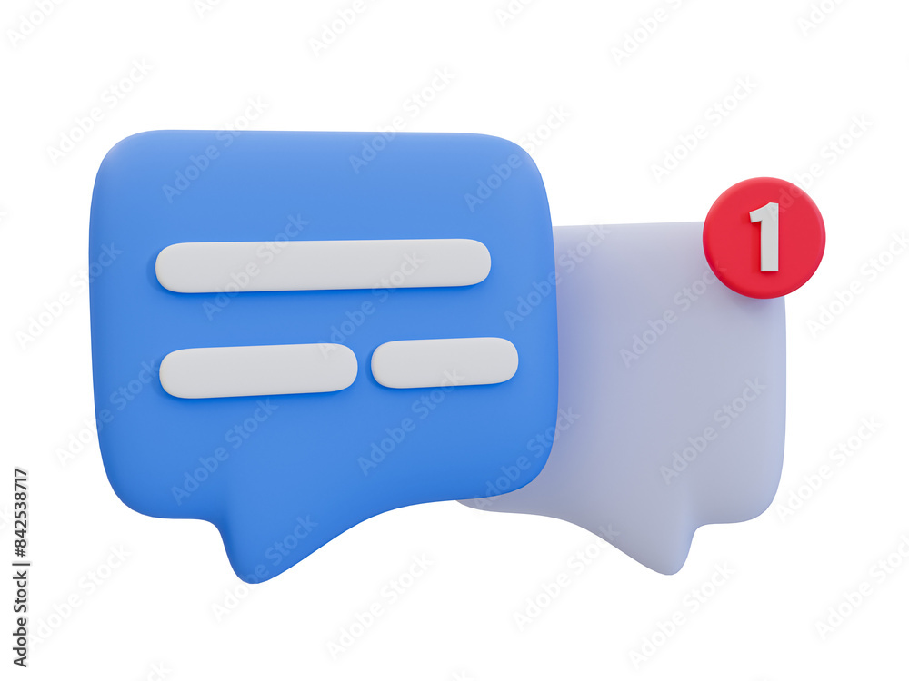 3D illustration of chat bubbles with a notification badge, representing a new message or conversation alert. 3D illustration of chat bubbles with a notification badge, representing a new message or conversation alert.