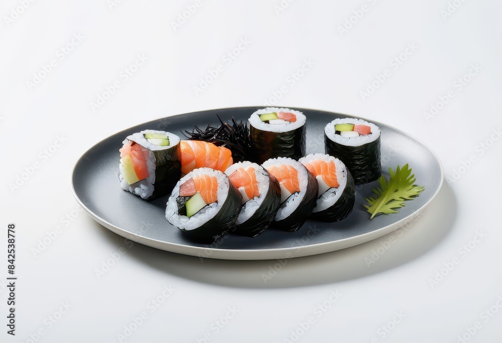 a plate of sushi on a white table a plate of sushi on a white table