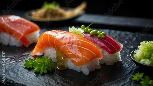 Eye catchy Set of sushi on black slate plate, Japanese cuisine. photo