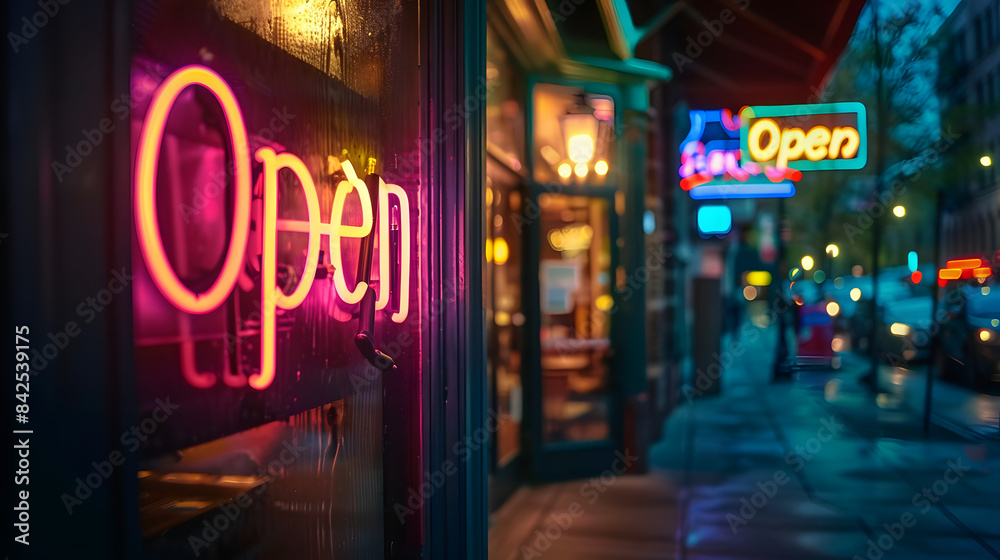 Neon Open Signs at Downtown Bars and Cafes Captured at Night Neon Open Signs at Downtown Bars and Cafes Captured at Night