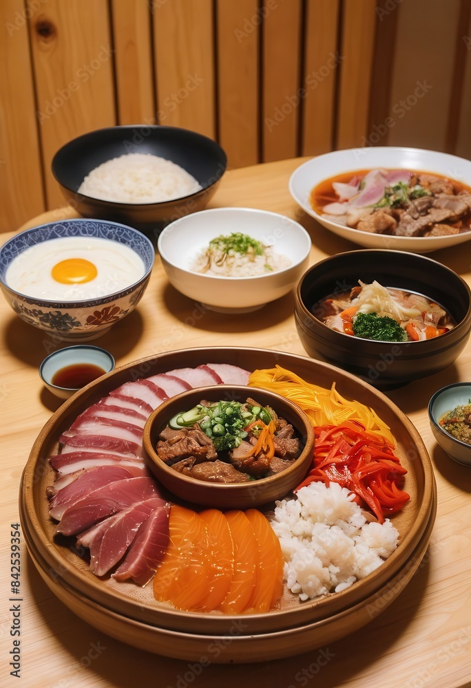 a wooden table topped with bowls of food a wooden table topped with bowls of food