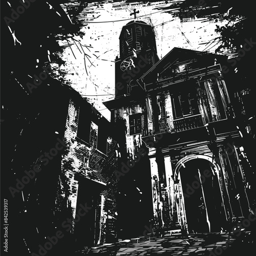Wall Mural Gothic church bell tower looms over old European street, dark inky drawing