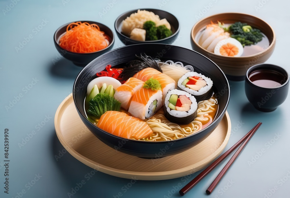 a bowl of sushi with chopsticks on a plate a bowl of sushi with chopsticks on a plate