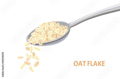 Oat flakes in spoon isolated on white. Vector illustration of healthy food in flat, simple style. Cooking ingredient. Dry rolled oats splash throwing in Air. Freeze motion
