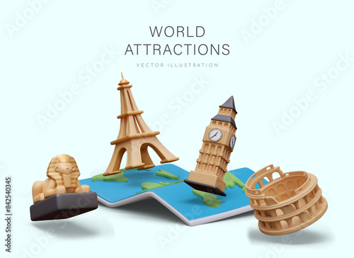 Huge world map, Colosseum, Eiffel Tower, Big Ben, Great Sphinx