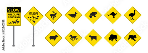 Slow Wildlife Crossing Sign. Animal Crossing Traffic Sign. Warning for Deer, Duck, Frog, Sheep, Horse, Cattle, Koala, Kangaroo, Emu, Bison, and Cow on the Road. Traffic Sign Vector.