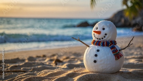 Smily snowman at tropical beach with waves in the background