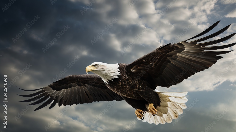 Obraz premium US Independence Day July 4th, a soaring bald eagle against a daytime cloudy sky. AI generated.
