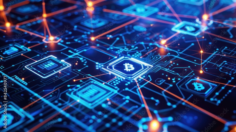 Blockchain Technology: Abstract illustration of blockchain and cryptocurrency transactions across a network Blockchain Technology: Abstract illustration of blockchain and cryptocurrency transactions across a network
