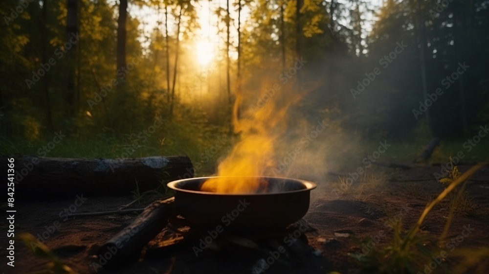 Tourist tent with campfire in summer green forest, outdoor activities. AI generated. Tourist tent with campfire in summer green forest, outdoor activities. AI generated.