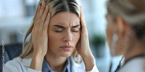 Woman visits doctor for stress-related headache. Concept Doctor consultation, Stress management, Headache relief, Daily lifestyle changes, Mental health awareness photo