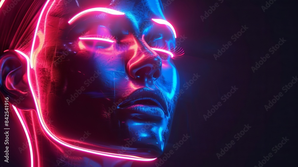 Close-up of a futuristic cyberpunk face illuminated with vibrant neon lights in pink and blue tones, showcasing modern digital art. Close-up of a futuristic cyberpunk face illuminated with vibrant neon lights in pink and blue tones, showcasing modern digital art.