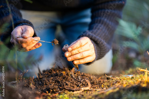 Photos soil falling around a test tube collecting a soil collecting a soil sample in a