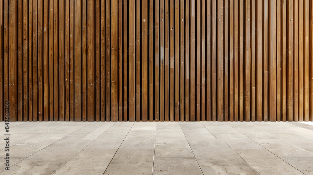 A wall with vertical wooden slats and beige floor in minimalist interior design style Background for product presentation A wall with vertical wooden slats and beige floor in minimalist interior design style Background for product presentation