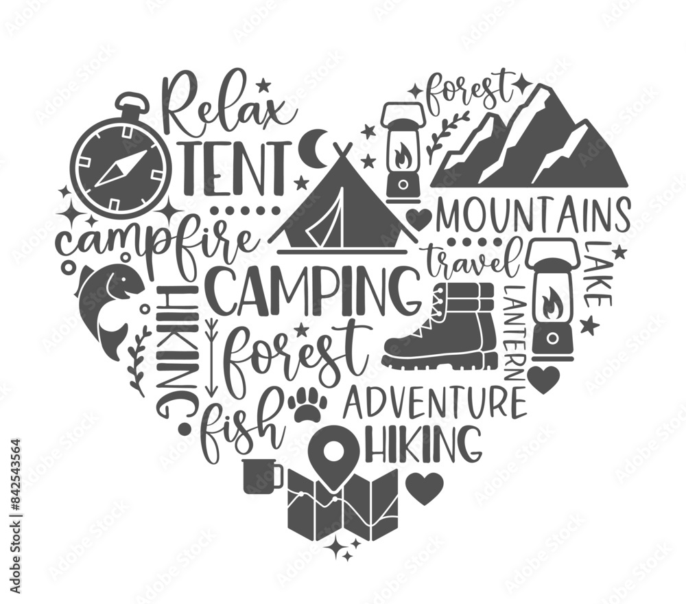 Composition of inscriptions and pictures in the heart shape on the theme of hiking and outdoor recreation Composition of inscriptions and pictures in the heart shape on the theme of hiking and outdoor recreation