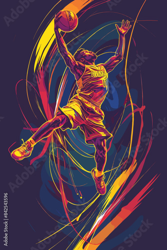Vibrant Illustration of a Basketball Player Slam Dunking, Highlighting Movement, Energy, and Athleticism in Sports Concept Art on a Dark Background