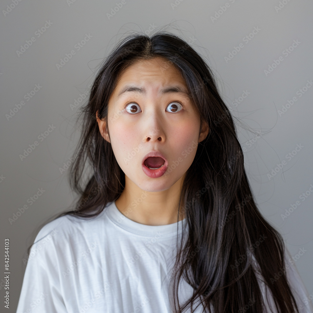 Headshot of a shocked Asian women in minimalist clothes Headshot of a shocked Asian women in minimalist clothes