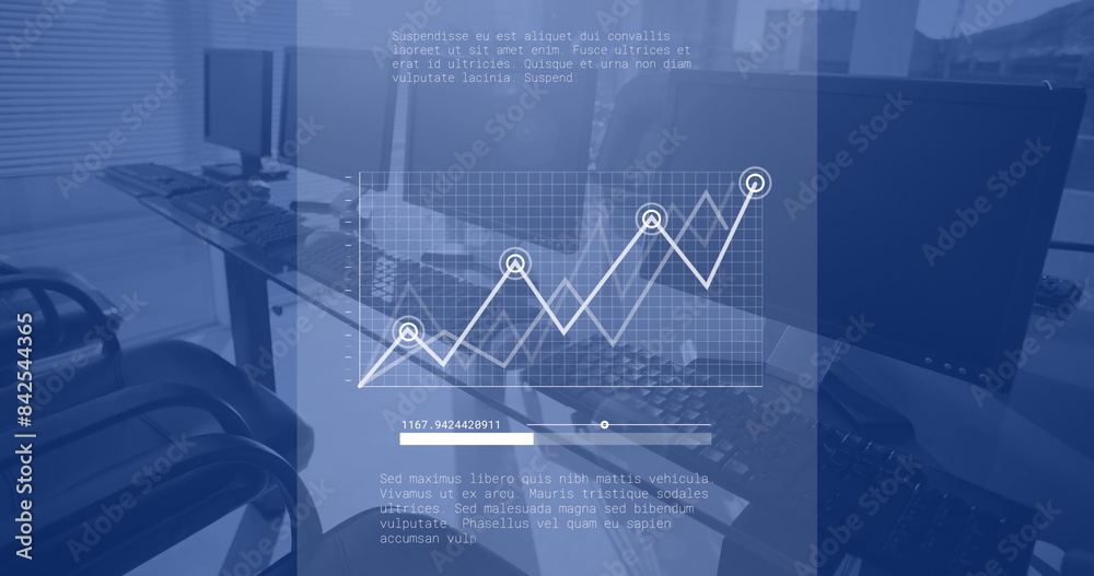 Image of data processing over computers in office, copy space