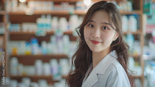 portrait of an asian beautiful smiling female pharmacist in a white coat while in a pharmacy looking at the camera.