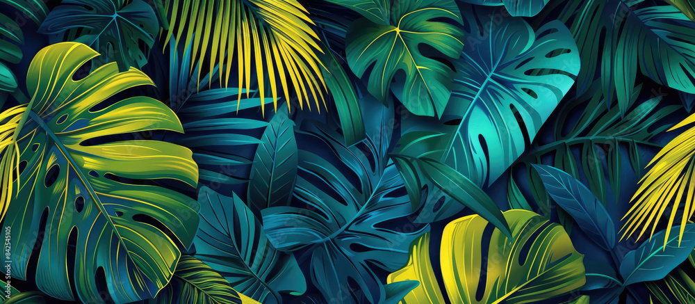 custom made wallpaper toronto digitalSeamless tropical leaf pattern in shades of blue and green, with yellow and teal highlights on a dark background