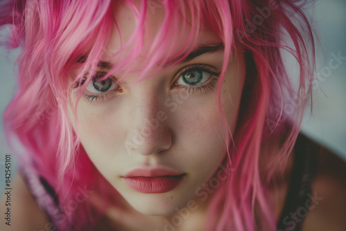 Beautiful young woman with pink hair, close-up portrait
