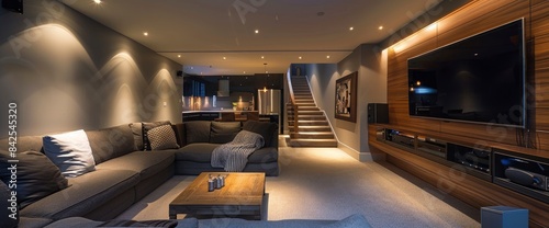 A basement renovation turning a dark, unused space into a modern entertainment room