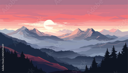 Mountain landscape at sunset. Vector illustration in a flat style.