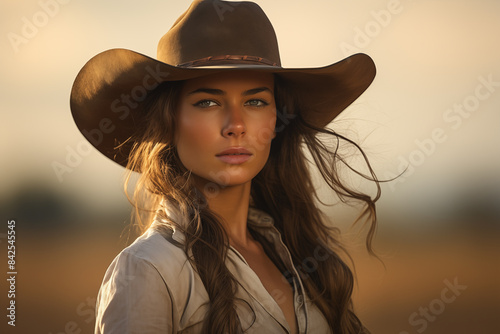 Portrait of a woman in a cowboy hat. Generative AI
