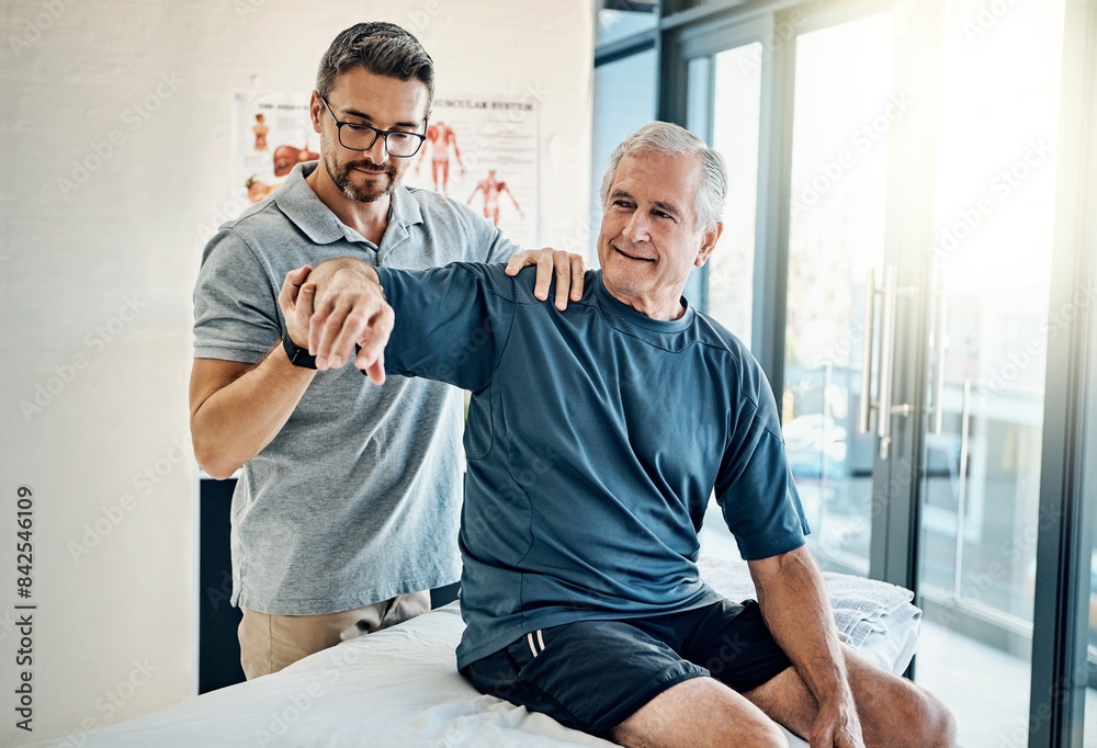 Obraz premium Physiotherapy, chiropractor and senior man with shoulder pain for rehabilitation, consulting and stretch. Healthcare, physical therapy and person with patient for medical service, wellness or support