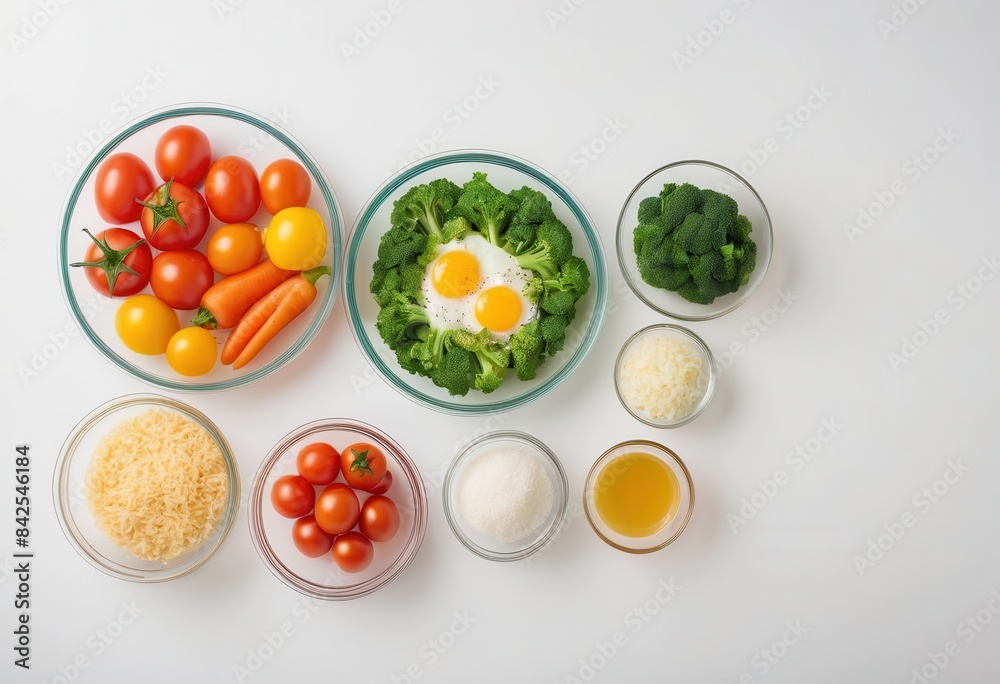 a white table topped with bowls of vegetables and eggs a white table topped with bowls of vegetables and eggs