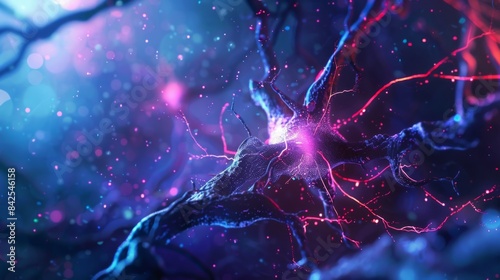 Neuron cells sending electrical chemical signals. Realistic shot of An illustration showing the closeup view of an isolated neurons with colorful lighting and detailed textures, Medical reference