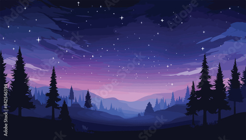 Night landscape with forest and starry sky. Vector illustration in cartoon style.