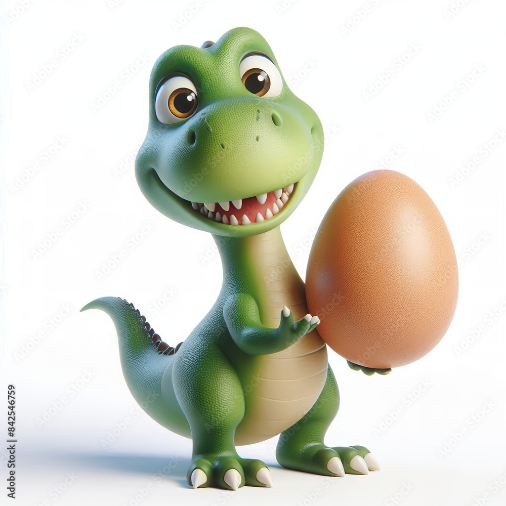 a 3D Full body  funny Dinosaur holding an egg in her hand, white background