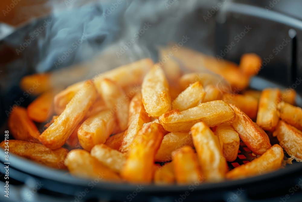 Fresh fries crisping up in an air fryer, ideal for a quick and healthy snack Fresh fries crisping up in an air fryer, ideal for a quick and healthy snack